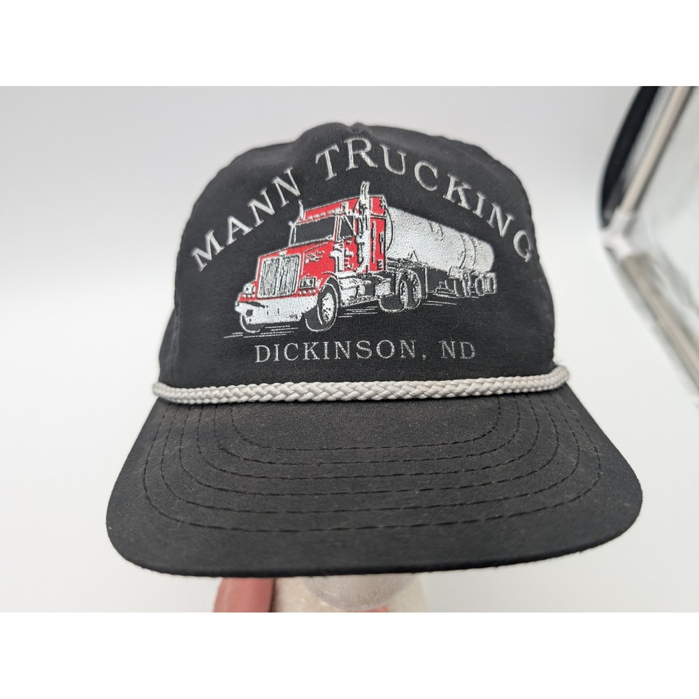 Vintage Mann Trucking Dickinson ND Trucker Hat Black Rope Snapback Made in USA